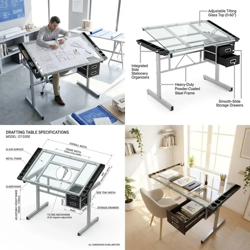 Professional Glass Drawing Table Tilting Architect Desk for Floor Plan Interior Design Architectural Drawing Station
