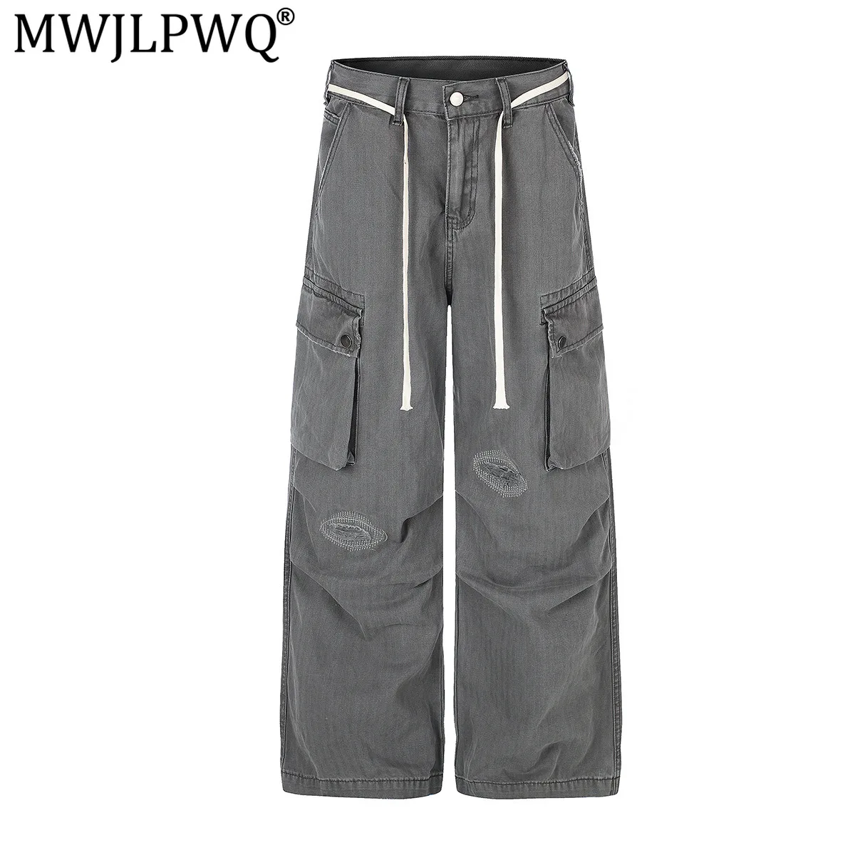 MWJLPWQ Men's American Street Vintage Washed Distressed Workwear Casual Pants Multi-Pocket Loose Straight Wide-Leg Pants 21139