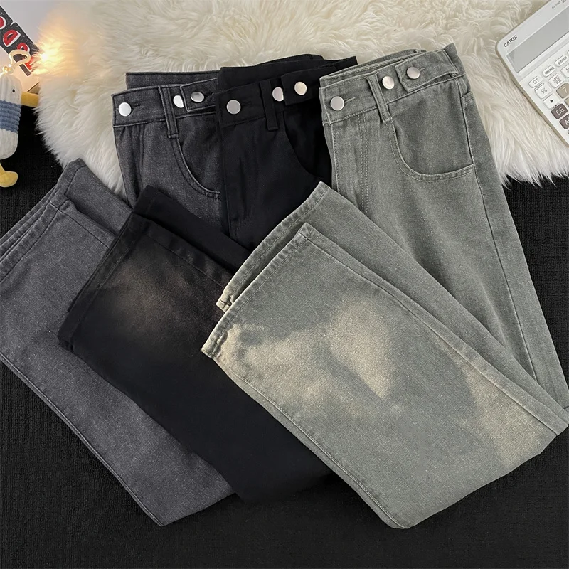 Calças Jeans Casuais Cityboy de Perna Larga, Estilo Workwear, Unissex, Corte Solto, Jeans Lavado, Modelagem Slim, Boca de Sino