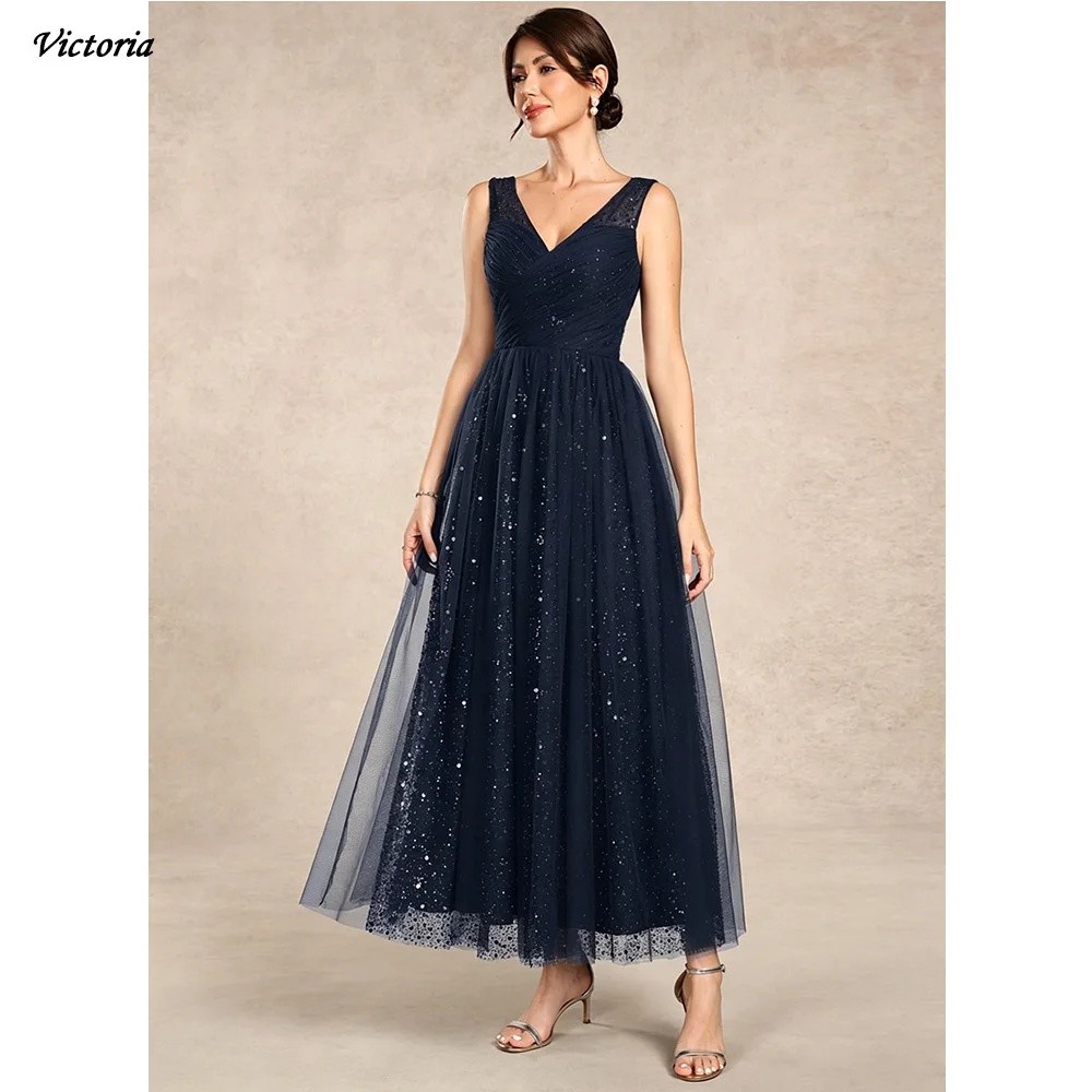 Customized Wedding Guest Dresses Royal Blue A-line V-Neck Of The Bride Dresses Tulle Sequin Dress Woman Elegant Party Wedding