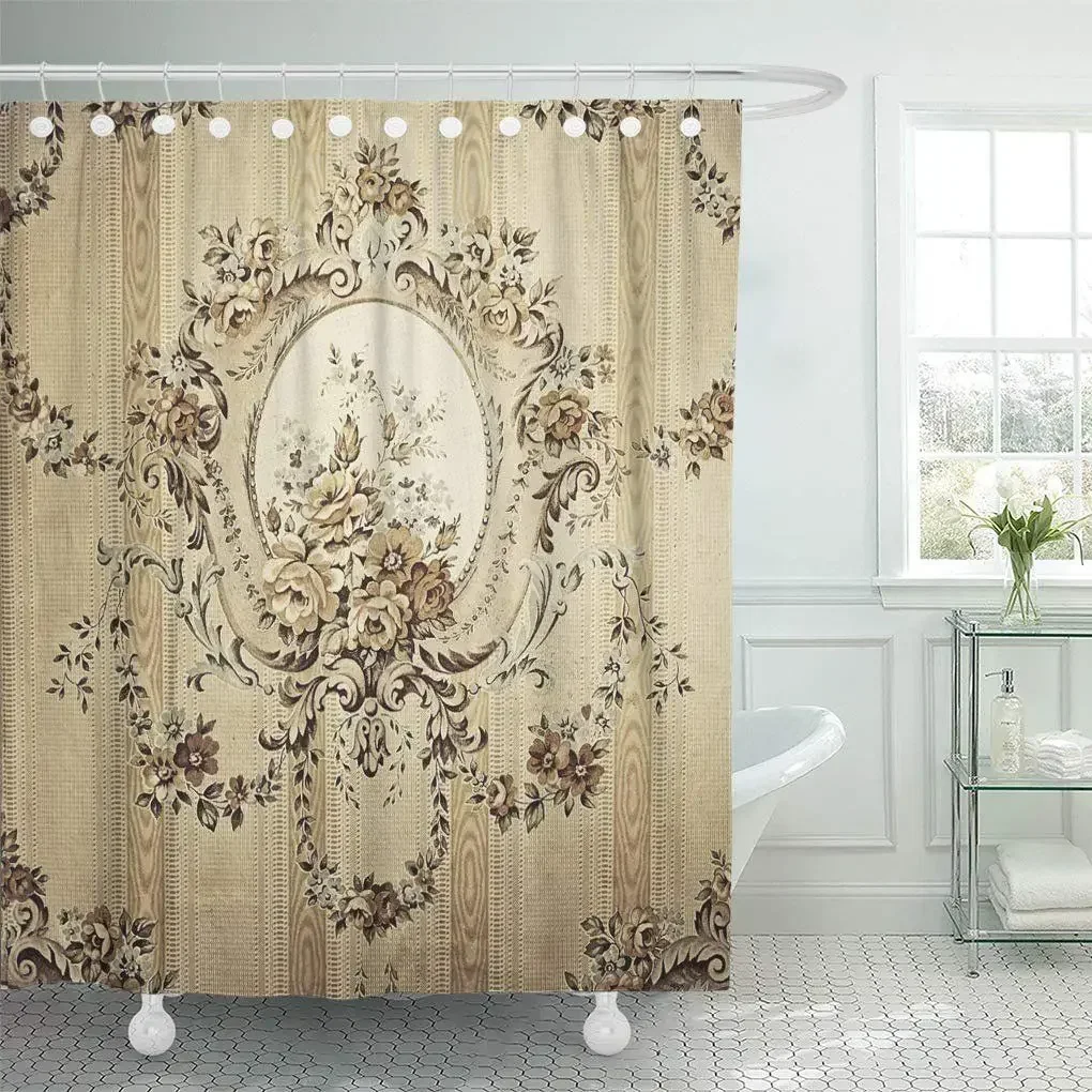 Victorian Shower Curtain,Ladies Clothes Fashion History Dress Handbag Feather Gloves Floral Design Baroque Bathroom Curtains Set