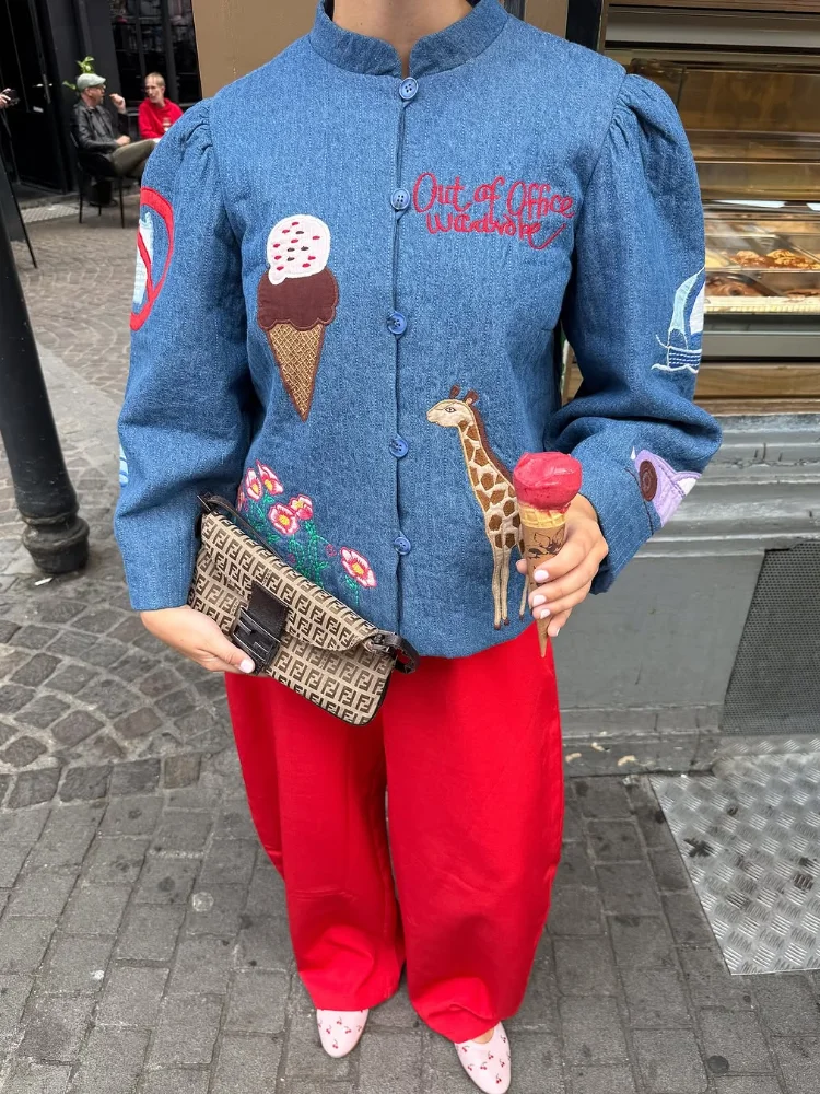 

Blue Stand-up Collar Embroidered Cotton Coat Fashionable Long Sleeve Button Loose Jacket Chic Autumn Lady Daily Commute Outfits