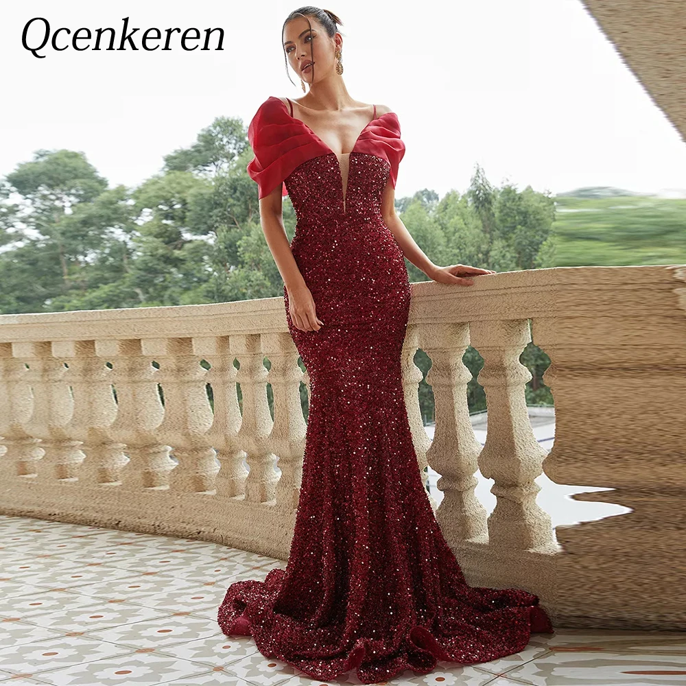 Elegant Mermaid Evening Suitable Sequins Formal Bespoke Occasion Off the Shoulder Party Dresses V-Neck Gowns for Women 2020