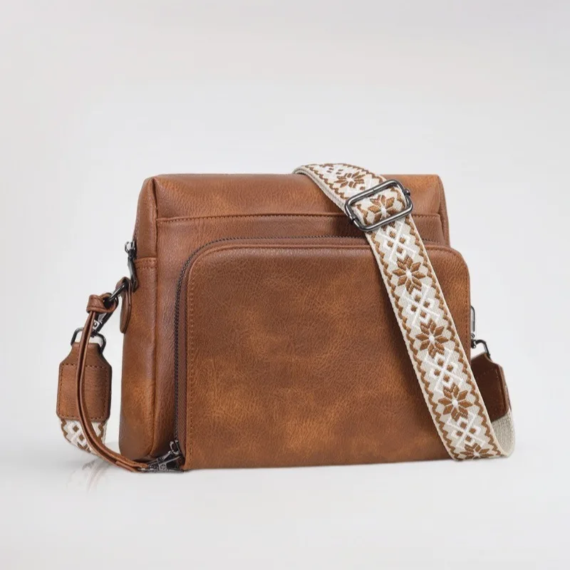 

Tan Leather Crossbody Bag Pattern Strap Multiple Zippers Roomy Stylish Versatile Daily Shopping Casual Women’s Practical Handbag