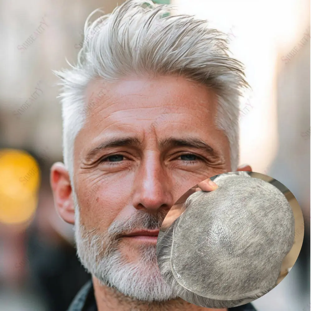 V حلقة سوبر رقيقة 0.02 مللي متر واضح بولي الجلد الذكور الشعر الاصطناعية 1b80 رمادي أسود رجل الشعر المستعار نظام الشعر البشري غير مرئية