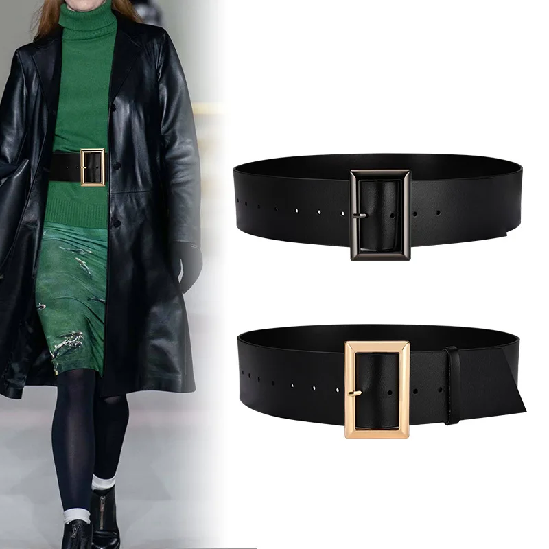 Silver Gold Buckle Waist Belts 120CM Long Waistband Cowskin 6.4CM Wide Genuine Leather Plain Pattern Dress Coat Cinturon Strap