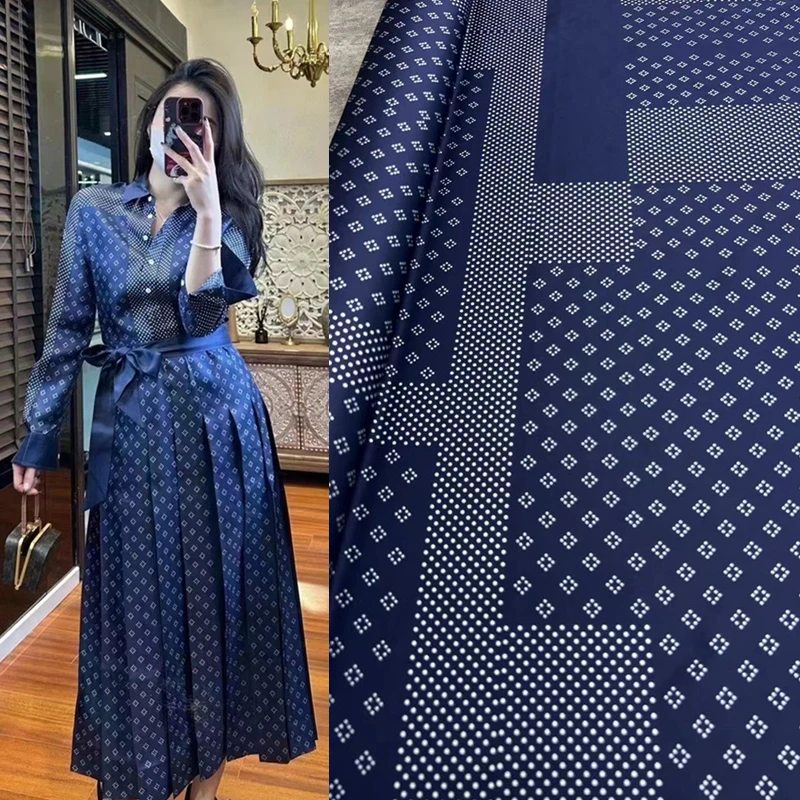 Fashion Brand Counter Tibetan Blue Bottom Geometric Wave Dot Twill Stretch Silk Fabric Position Dress Light Luxury Design Fabric