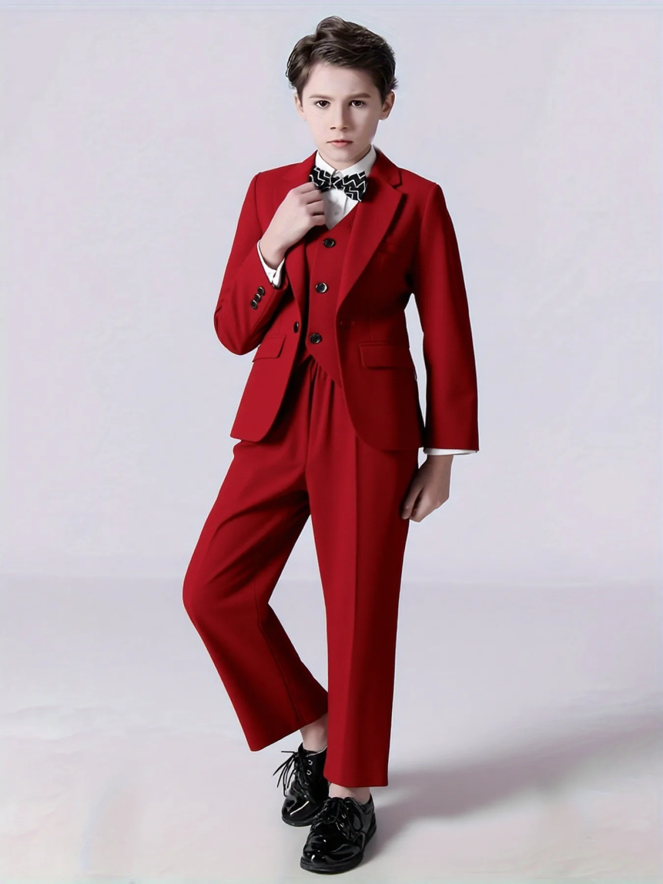 Kids New Year Red 4Pieces/Set Jacket Vest Pants Bowtie Photography Suit Boys Wedding Party Dress Children Performance Costome