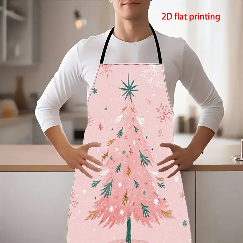 2D Flat Printing Aprons For Cooking A Pink Christmas Tree With Snowflakes. Kitchen Apron Suitable For Both Men And Women. Suitab