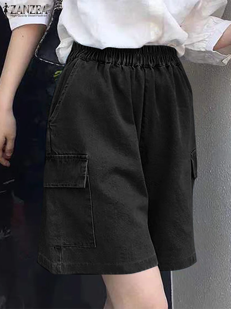 ZANZEA, pantalones cortos de verano para mujer, pantalones vaqueros suaves azules, moda informal, pantalones holgados con cintura elástica, pantalones de trabajo elegantes, ropa de calle