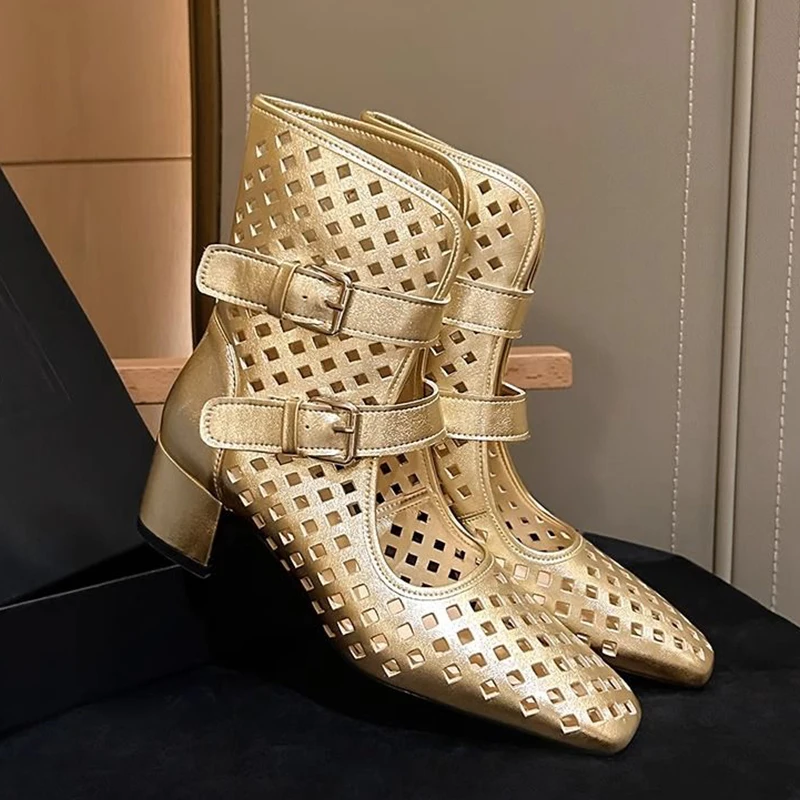 

Designer Summer Boots Women Fashion Leather Gold Square Toe High-heeled Woman Shoes Hollow Out Buckle Strap Zipper Boots Female