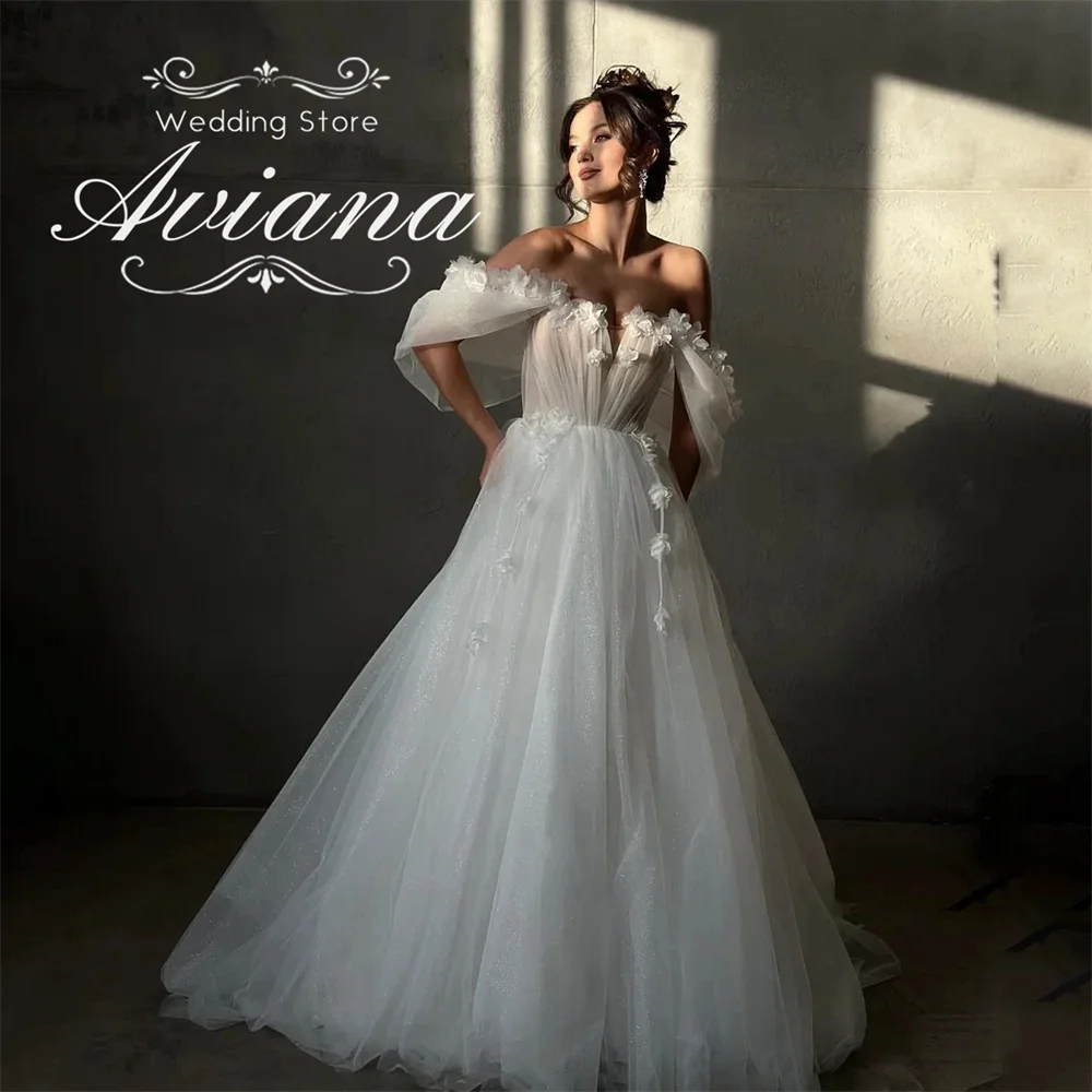 

Customized Aviana Off The Shoulder Floral Embellished Tulle Ball Gown Wedding Dress Long Train Bridal Gown Elegant Handmade 2025