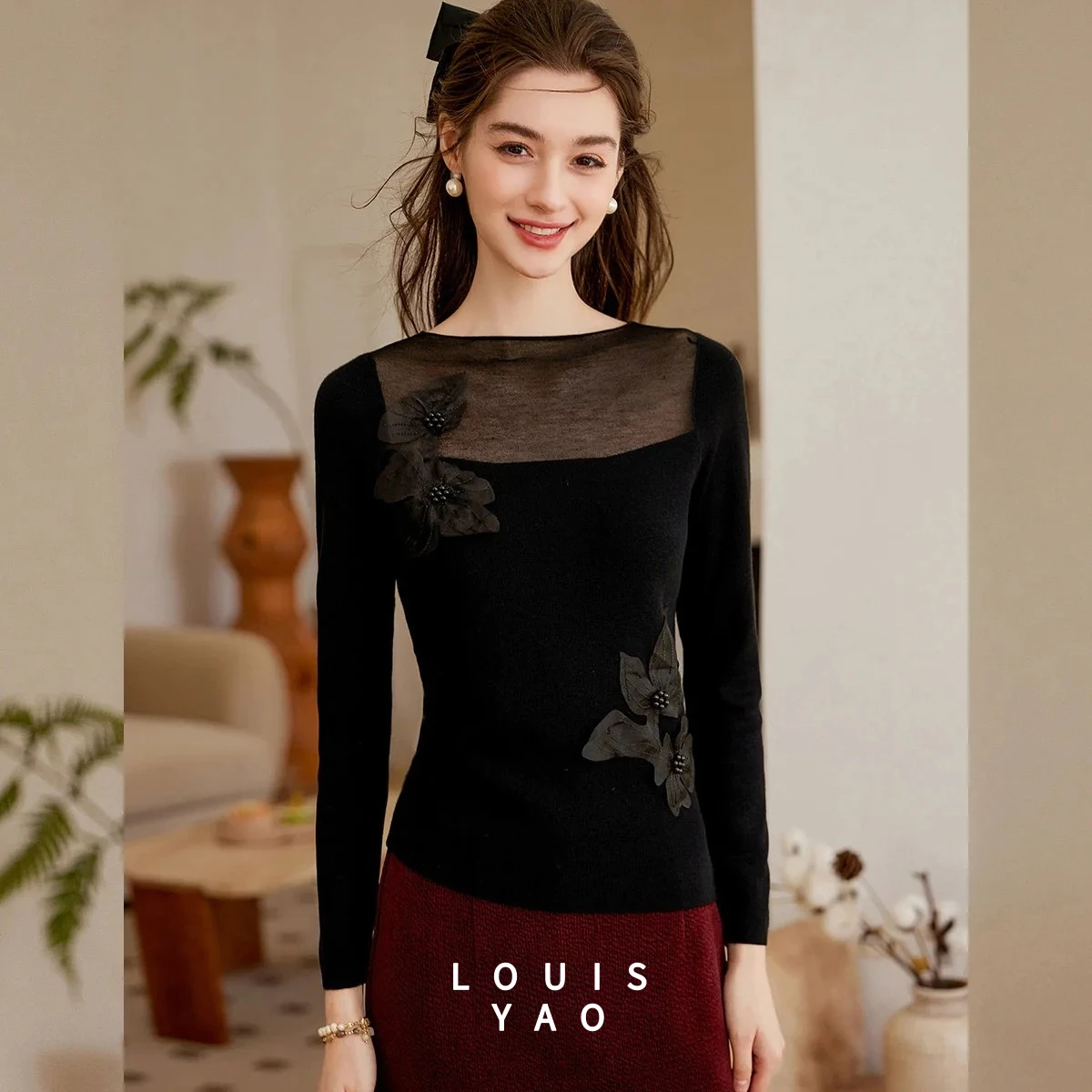 

LOUISYAO Micro Transparent Splicing Pullovers 2025 Spring Gentle Flower Slimming Long Sleeve Women's Knitted Sweater