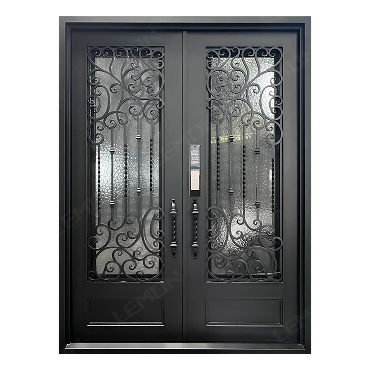 

Australian Metal Double Smart Lock Tempered Glass Entry Exterior Wrought Iron Front Door for House