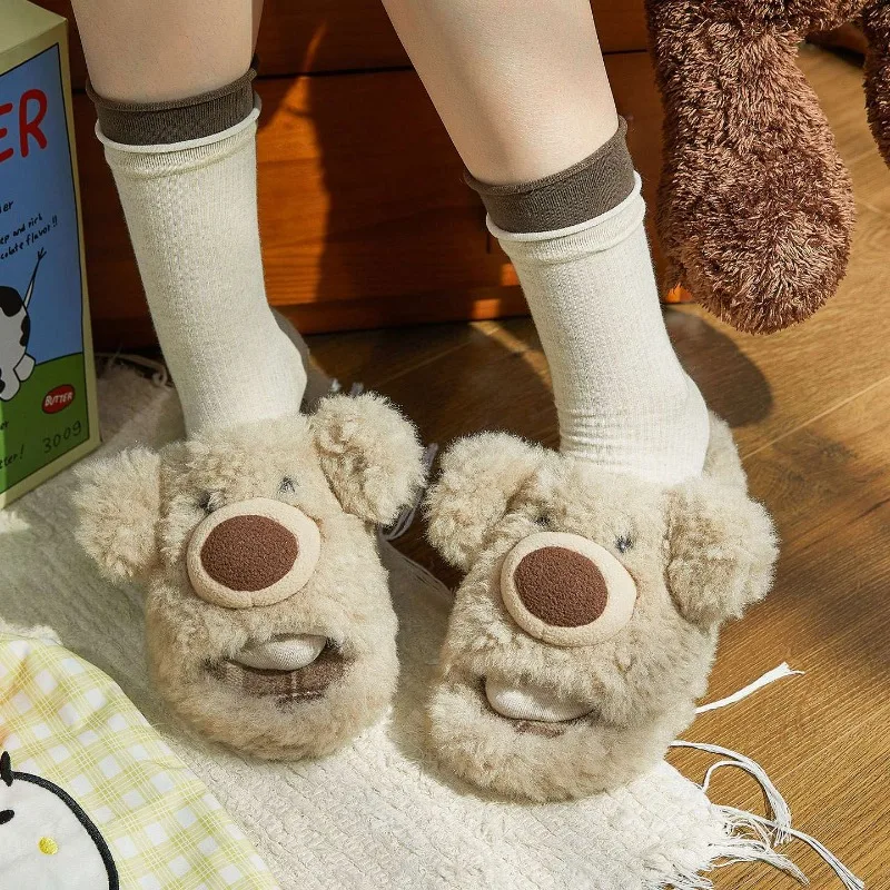 

Осень-зима, новые теплые бархатные тапочки с открытым носком и милым медведем из мультфильма, домашние уличные удобные тапочки для пар