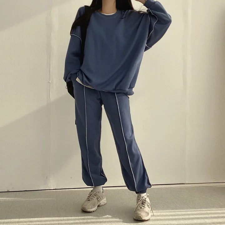 Women Cotton Pullover Sweatshirt Pants Set Velvet O-neck Casual Tracksuit Sportswear Spring Autumn Female Top Sports Suit