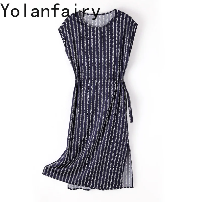 YOLANFAIRY 91.8% Real Mulberry Silk Dress for Women Summer Fashion Striped OL Dresses 2026 Woman Short Sleeve Dress Elegfant