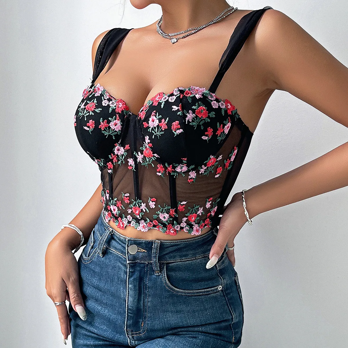 Mesh Embroidery Floral Corset Tops Sexy Women Backless Fashion Slim Tank Top Female Spring Summer Casual Daily Streetwear