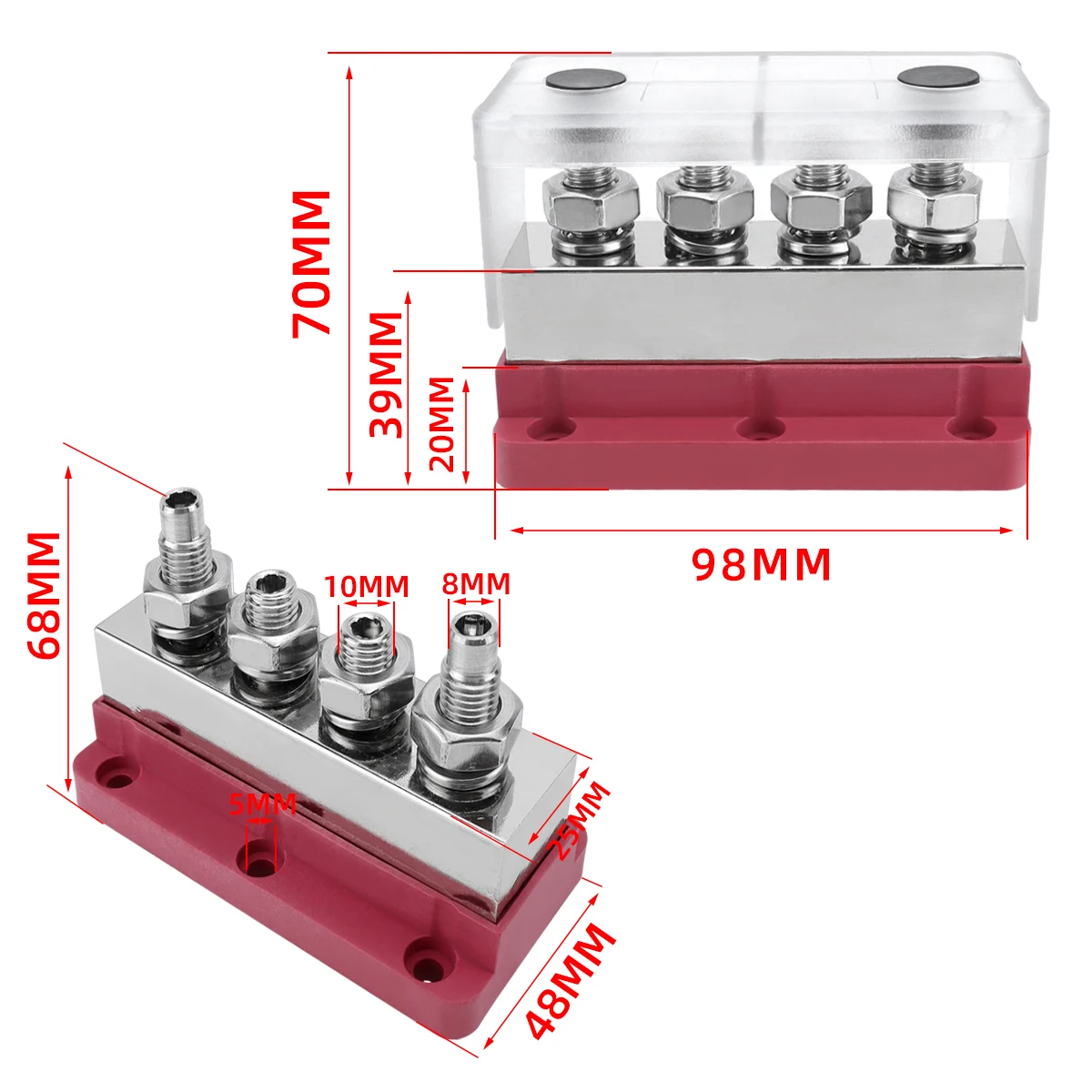 M10 600A heavy-duty busbar 4 screw high current copper busbar terminal block suitable for automobiles, RVs, yachts, ships, etc