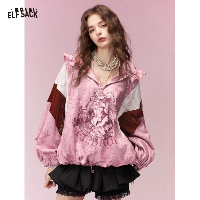 ELFSACK Sweet Cool Clown Girl Print Ruffle Hooded Jacket For Women