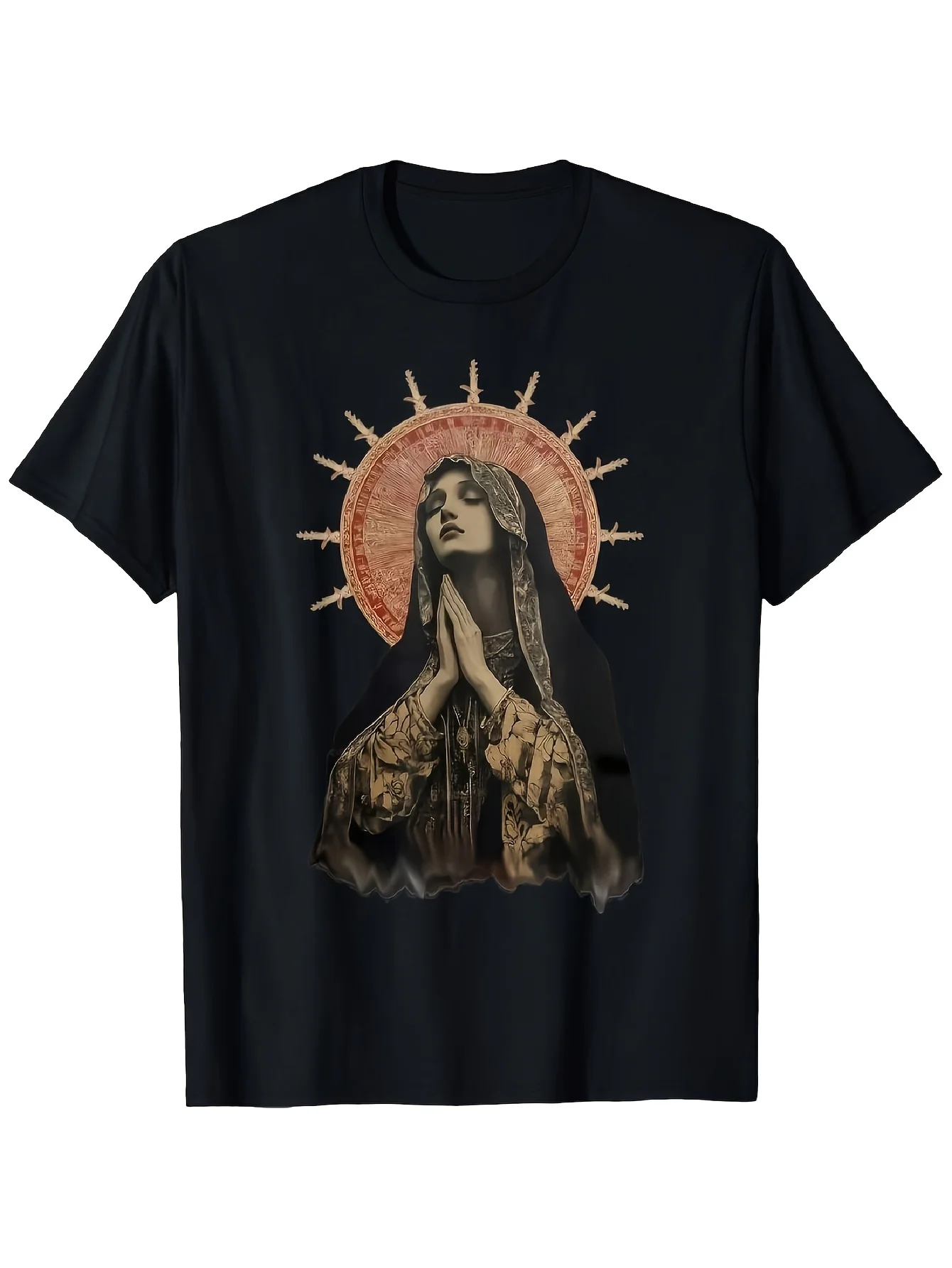 Men'S Short-Sleeve Crew Neck T-Shirt Featuring a Stained Madonna Prayer Design, Perfect for Casual Street Style. It Has a Religious Theme, Suitable for Any Season, And Is Made from Pure Materials for Comfort