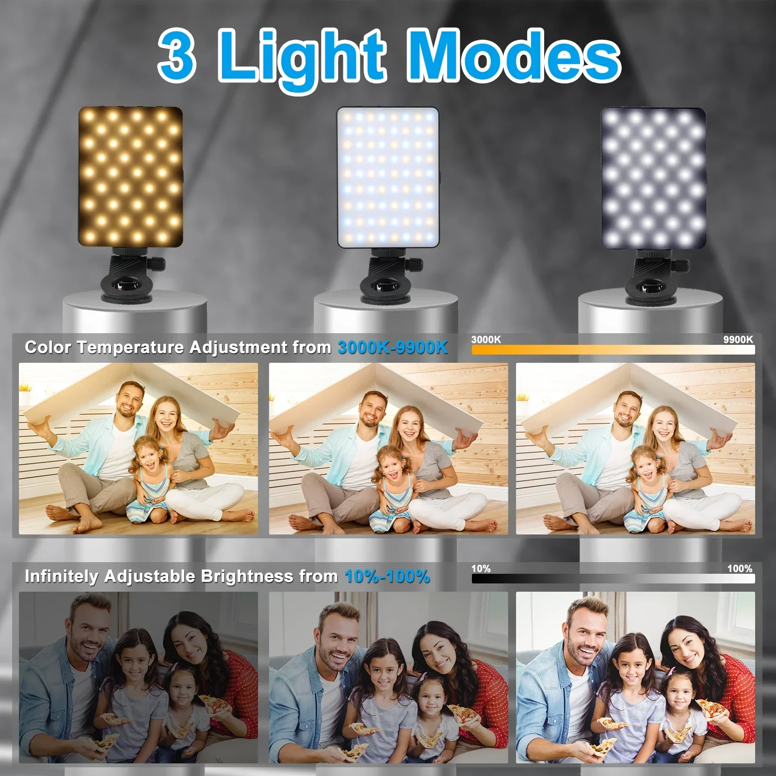 Recarregável Fill-in Selfie Light com clipe frontal e traseiro, 72 LED Video Light para iPhone, iPad, câmera portátil