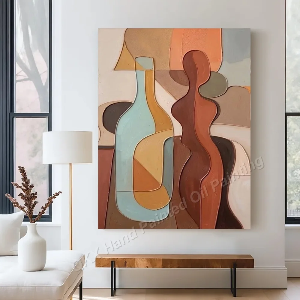 Morandi Curved Shape Still Life Hand-Painted Oil Painting on Canvas - Impasto Wall Art Decor for Living Room
