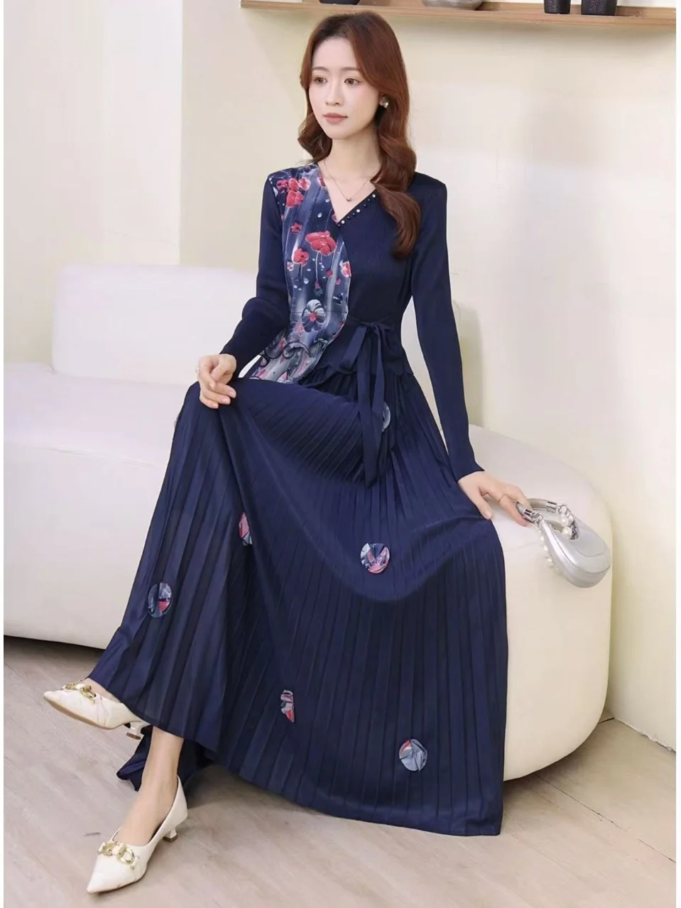 A-Line Midi Dr مع طباعة خشبية مطوية، زخرفة خرزية، زخرفة زهور ثلاثية الأبعاد للنساء Ele Ci...