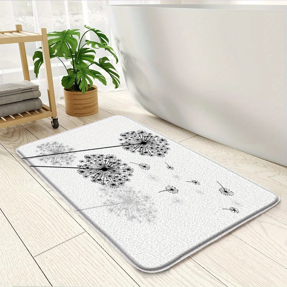 Black dandelion pattern rug, made of polyester fabric, machine washable, suitable for bedroom and living room decor.