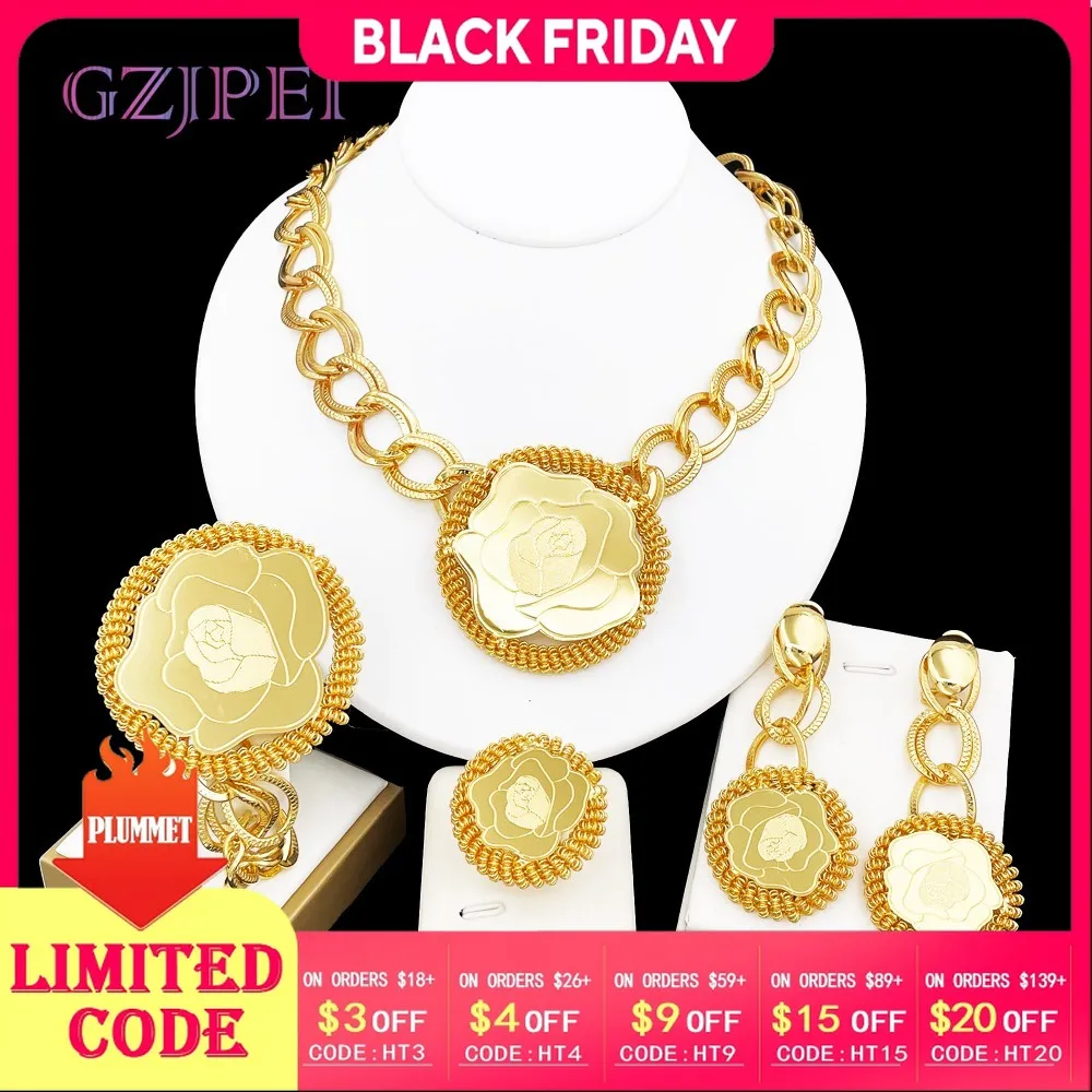 

GZJPEI 4Pcs Gold Color Rose Jewelry Set Exaggeration Big Drop Necklace Super Large Bracelet Long Earring Ring For Women Gift