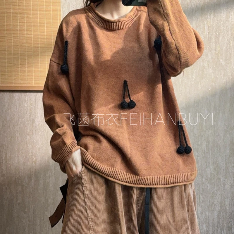 

Новое поступление 2025 года, осенний повседневный универсальный свитер с длинным рукавом и круглым вырезом, вязаный крючком в стиле пэчворк, винтажный пуловер, женский вязаный свитер F91