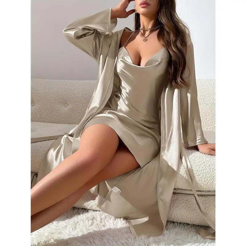 Champagne Silk Satin Bride Wedding Robe Dress Set Sexy Suspender Nightgown Lingerie New Women's Sleepwear Bathrobe Gown Homewear image 6