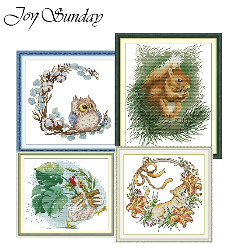 Joy Sunday 4pcs Forest Animal Cross Stitch Kit Counted Stamped 11/14/16CT DMC Thread DIY Needlework Owl Squirrel Duck Wall Art