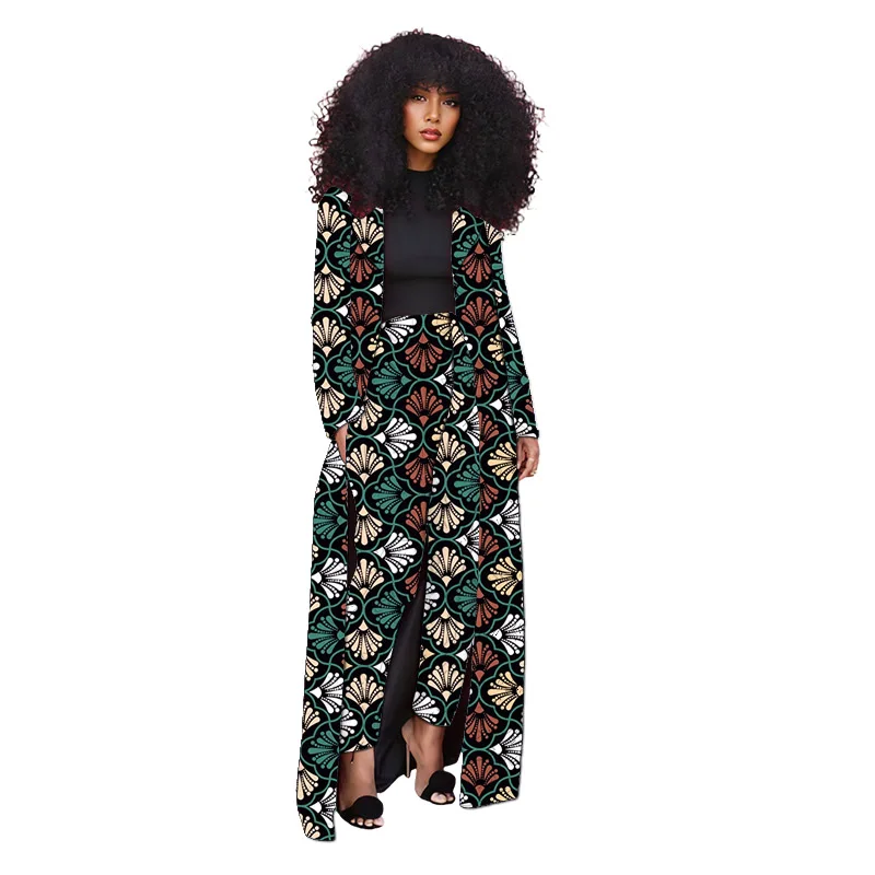 Printed African Couture Women's Overcoat Set Cardigan Extended Windbreak With Pants Female Ankara Outfits
