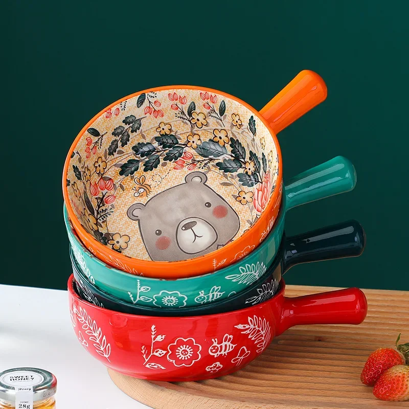 Single Handle Ceramic Bowl Noodle Bowl Forest Animal Design Large Bowl Creative Restaurant Household Flower Bowl Home Decoration