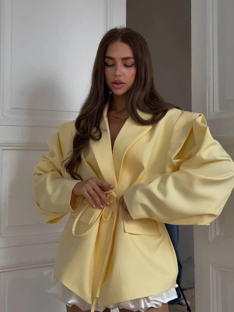 

Women Oversize Notched Single Breasted Shoulder Pads Jackets 2025 Long Sleeve Tops Solid Lapel Blazer Jacket For