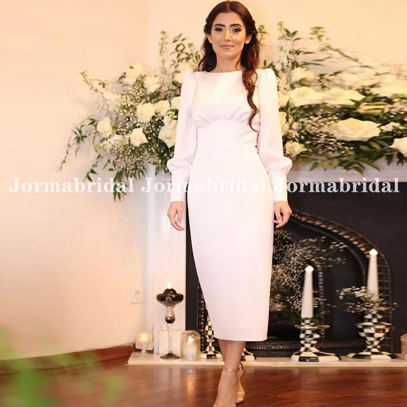 Modest Turkey Short Wedding Dress Sabrina Neckline with Puff Long Sleeves White Satin Mermaid Mid-Calf Bridal Gowns Customized