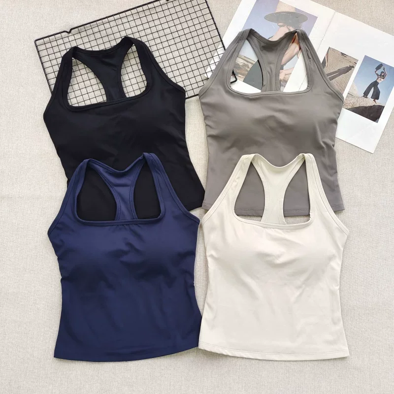 Soutien-gorge de sport pour femme à col carré et dos nageur, avec coussinets fixes, antichoc, pour le yoga, le Pilates, la course à pied et la gym