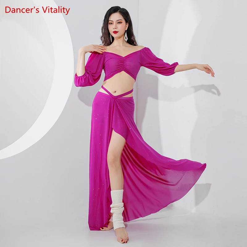 Belly Dance Professional Costume Set Mesh Half Sleeves Top+split Long Skirt 2pcs Female Oriental Dance Wear Belly Dance Suits