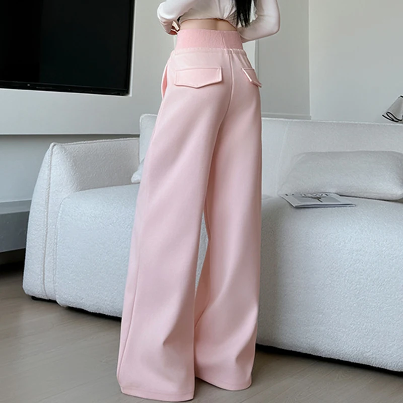 Spring Autumn American Solid Lace Up Sweatpants Woman Casual Elastic Waist Pants for Women Pockets Wide Leg Pants Female