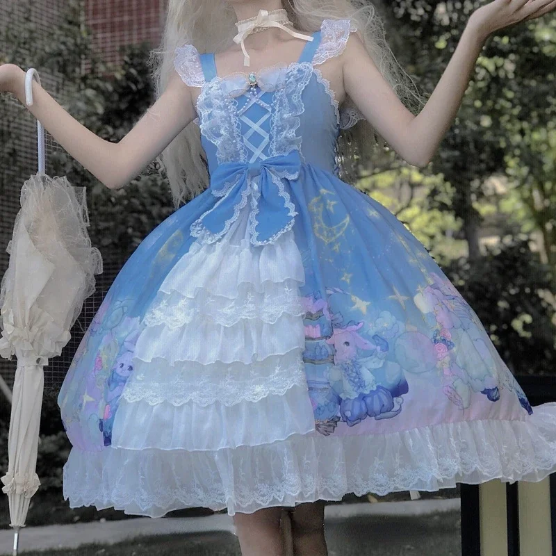 

Women Girly Retro Victoria Cartoon Sleeveless Dresses Japan Dream Cosplay Lace Elegant Party Straps Dress Lolita Style Jsk Dress