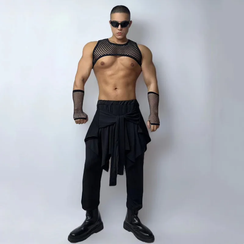 Costume de breven Maille Noire pour Homme, Tenue de Carnaval et Rave, Vêtements de Scène Sexy, GKnitting Show DJ Discothèque, Hip Hop