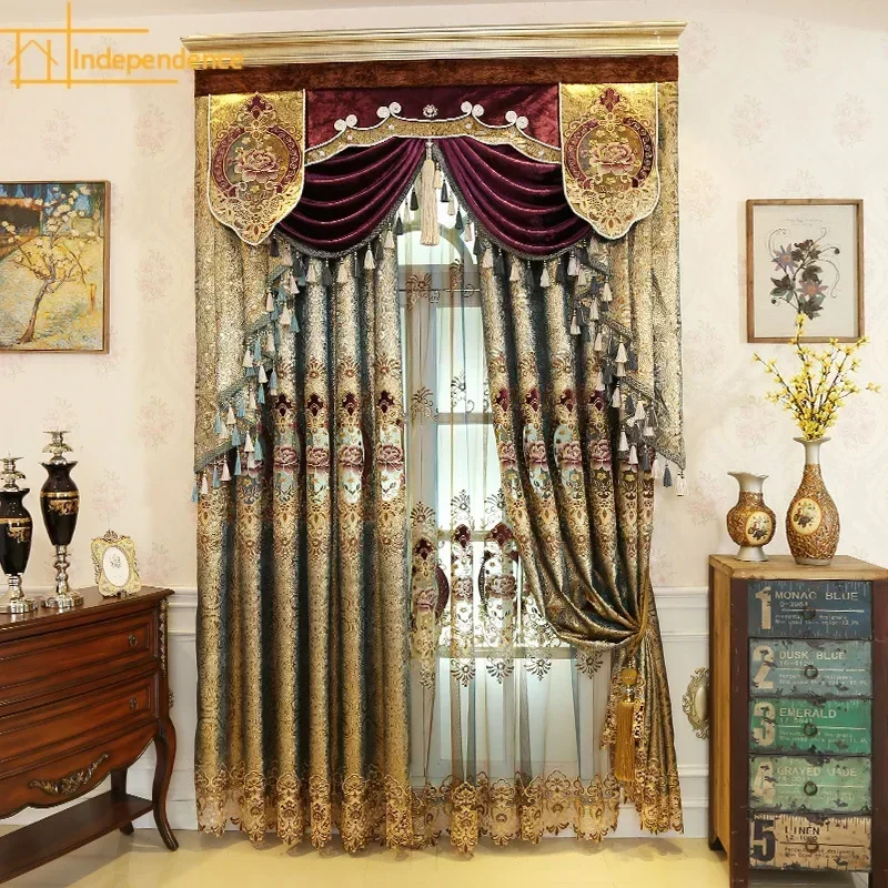 Cortinas huecas de cuero dorado de lujo, cortinas europeas de alta gama, sombreado bordado, cortinas personalizadas para sala de estar, comedor y