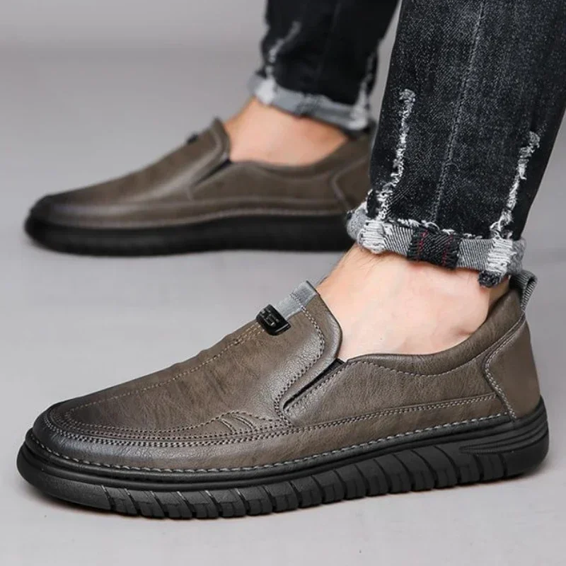 Men Leather Shoes Slip On Loafers Driving Casual Round Toe Soft Sole Microfiber Breathable Non Slip Lightweight Cozy EVA Insole