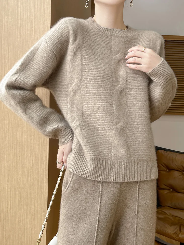 Winter Bloom 100% Merino Wool Cable Knit Pullover Women Crew Neck Long Sleeve Soft Sweater Casual Autumn Winter Base Knitwear