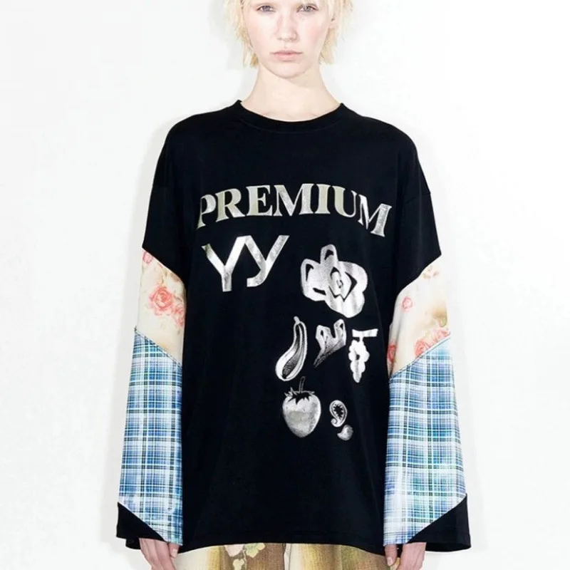 

Spring New Open YY 24 Long Sve T-irt Loose Fit Printed Patchwork Casual Top Women's Korean Sle round Ne Tee