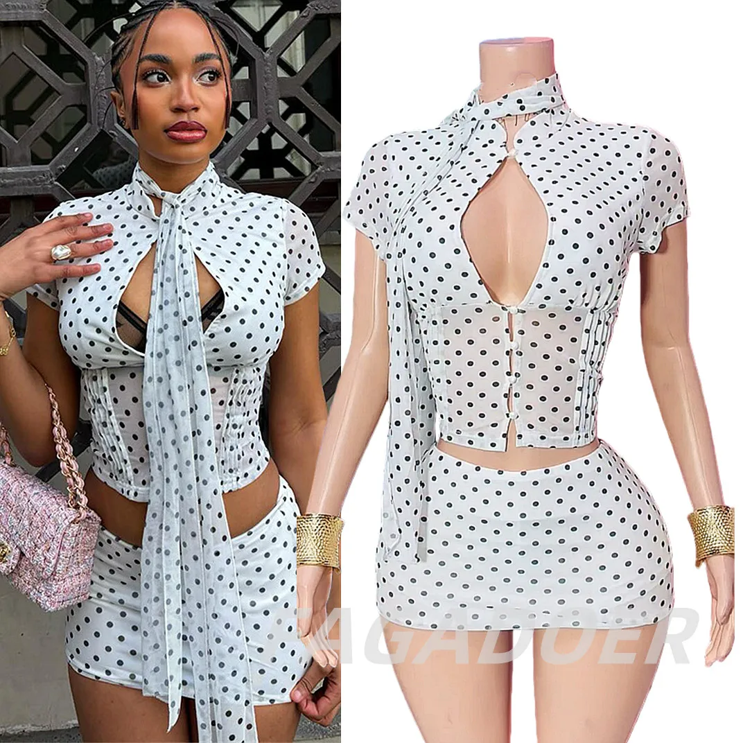 FAGADOER Sexy Polka Dot Hollow Out 3 Piece Sets Women Scarf + Ruched Stand Collar Crop Top and Mini Skirt Outfits Streetwear