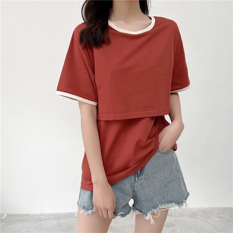95% Cotton Maternity Mother Nursing Tees Breastfeeding Pregnancy Round Neck Short Sleeve Out Wear Nursing T-Shirt