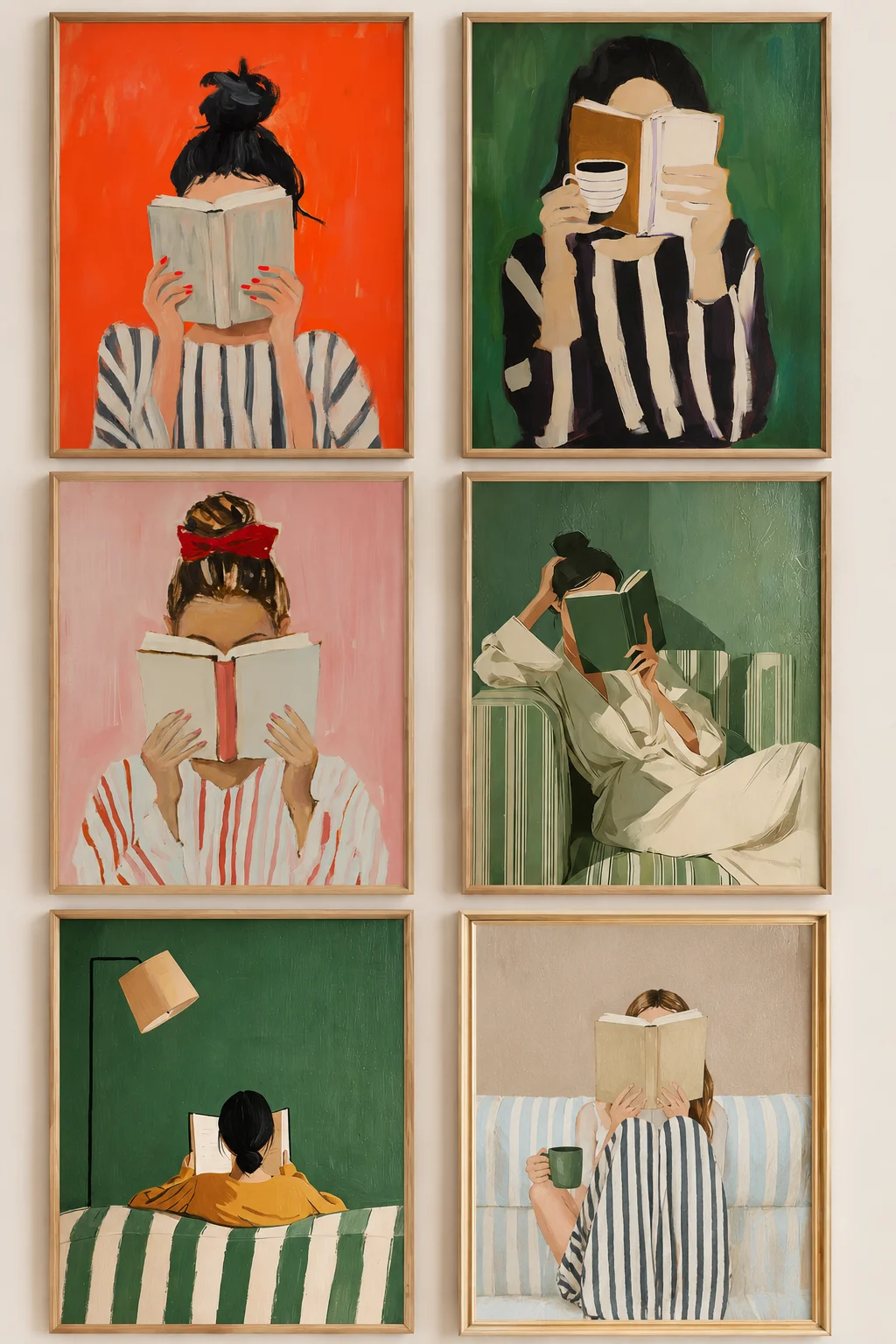 impressão artística de mulher lendo |   pôster de livro |   arte de parede feminina e aconchegante |   impressão artística em laranja vibrante |   arte abstrata contemporânea de retrato |   au