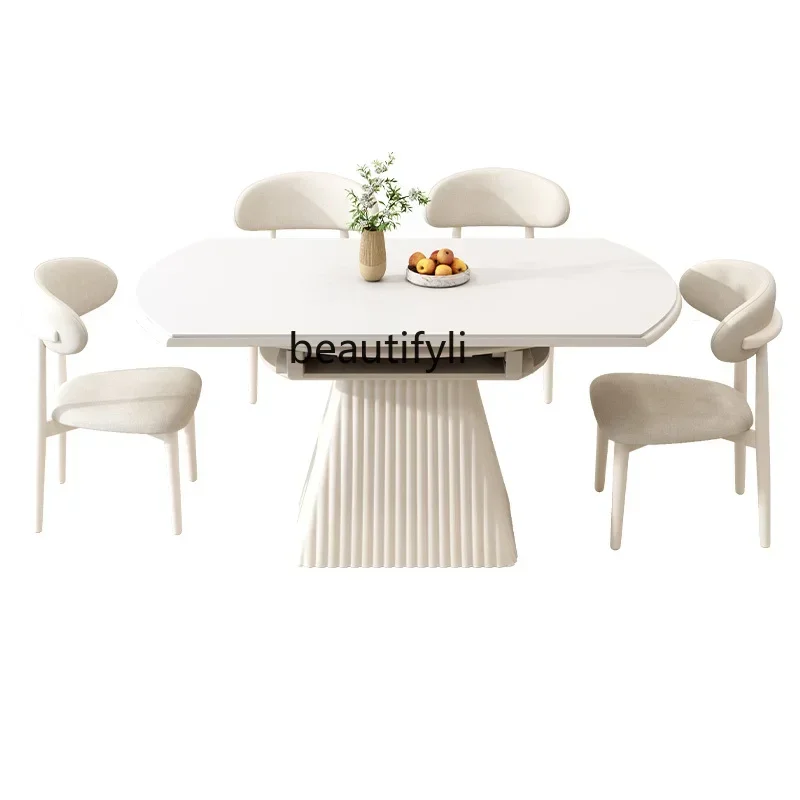 Y Slate household small apartment retractable round dining table square and round dual-purpose dining table French cream style